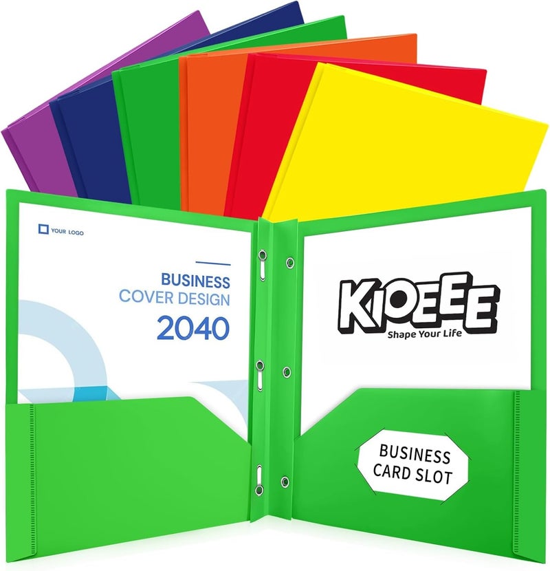 KIOEEE Heavy Duty Plastic Folders with 2 Pockets and 3 Prongs (6 Pack),Fit Letter Size Paper, Business Card Slot, Assorted Colors for School,Office and Home - Image 1